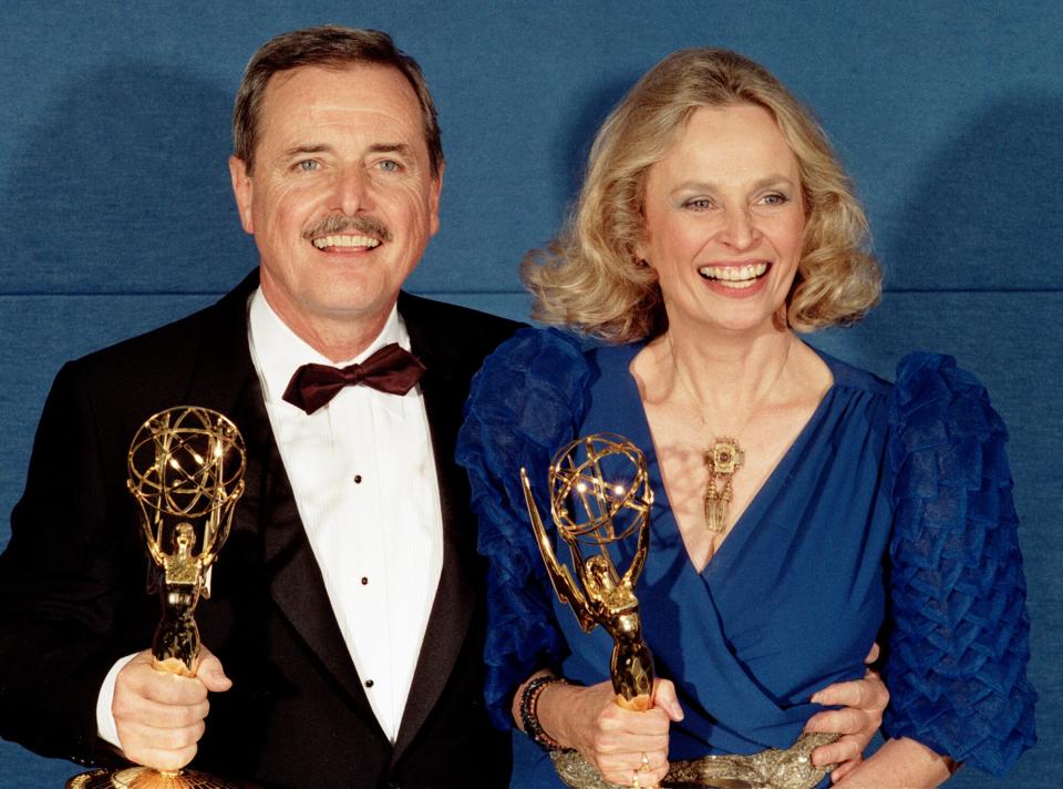 William Daniels and Bonnie Bartlett celebrate their Emmy Awards backstage at the Emmy Awards Show, September 21, 1986 in Pasadena, California