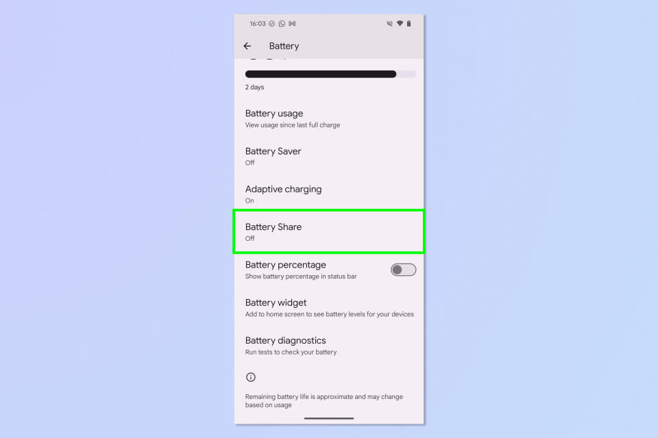 A screenshot showing how to enable battery share on Google Pixel phones