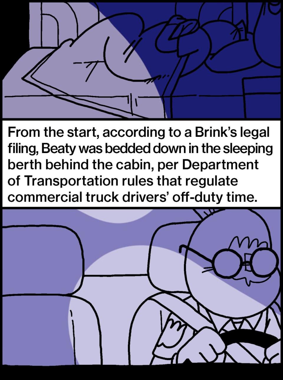 Beaty was bedded down in the sleeping berth behind the cabin, per rules that regulate commercial truck drivers off-duty time.