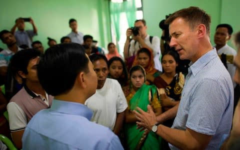 Foreign Secretary Jeremy Hunt meets with members of the Rohingya community in Rakhine State - Credit: Ye Aung Thu/AFP