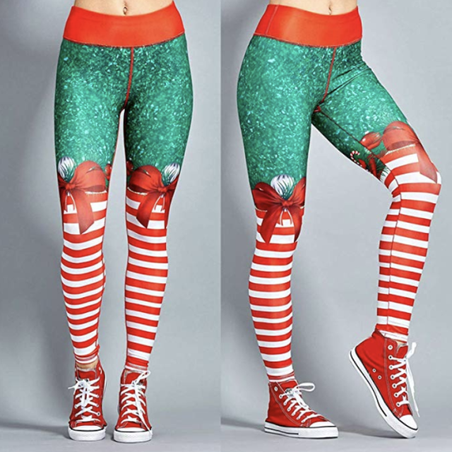 Women Ugly Christmas Leggings High Waist Striped Santa Claus Print