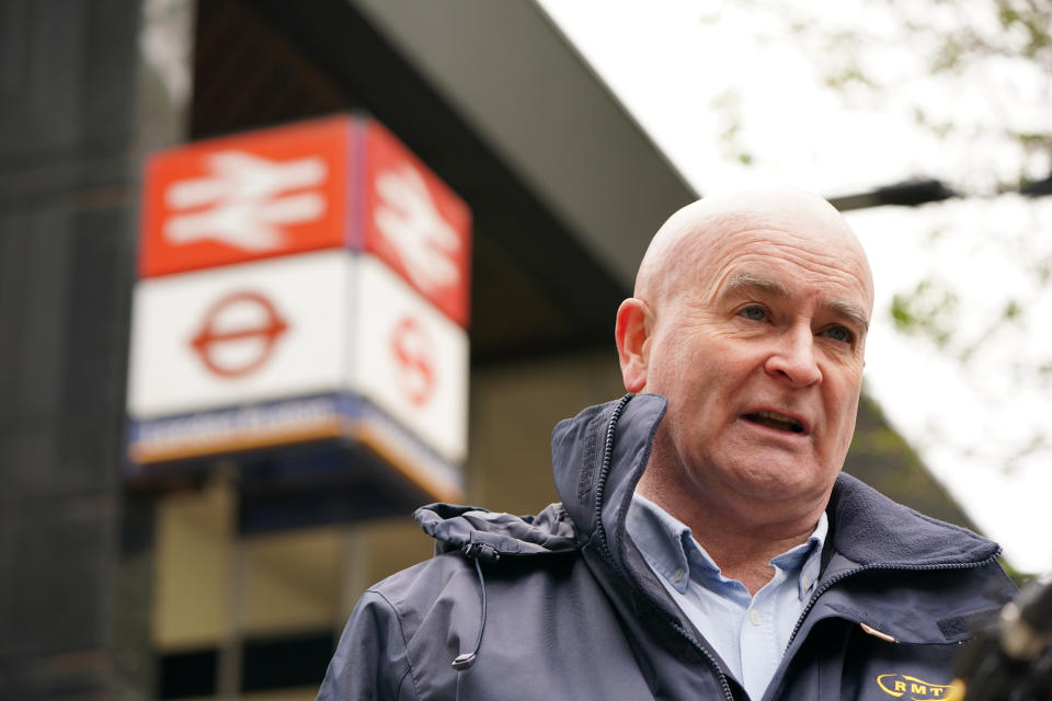 Rail, Maritime and Transport union general secretary Mick Lynch speaks to the media, as he joins members of his union on the picket line outside Euston train station, London, during their long-running dispute over pay. Picture date: Friday June 2, 2023. (Photo by Lucy North/PA Images via Getty Images)