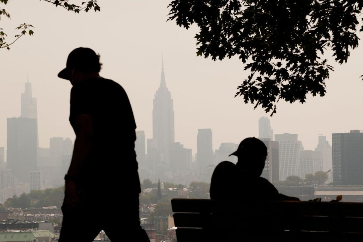 Fine particulate matter from wildfires can cause long-term health harms. <a href="https://www.gettyimages.com/detail/news-photo/haze-caused-by-smoke-from-wildfires-in-canada-shrouds-the-news-photo/1553654337" rel="nofollow noopener" target="_blank" data-ylk="slk:Gary Hershorn/Getty Images;elm:context_link;itc:0;sec:content-canvas" class="link ">Gary Hershorn/Getty Images</a>