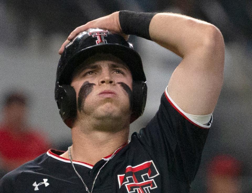 Texas Tech second baseman Jace Jung collects himself before at at-bat against Kansas State in last week's Big 12 tournament at Globe Life Field in Arlington.