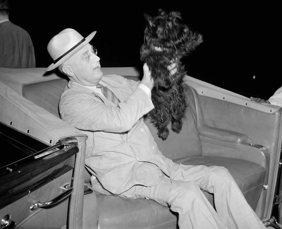 President Franklin D. Roosevelt lifts his dog Fala