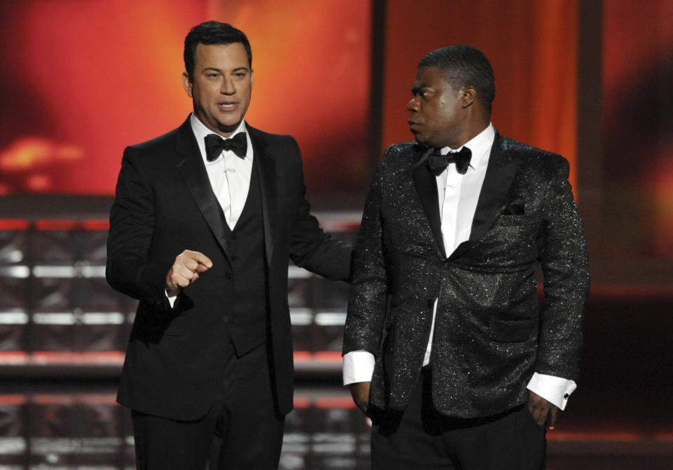 Host Jimmy Kimmel, left, and Tracy Morgan perform onstage at the 64th Primetime Emmy Awards at the Nokia Theatre on Sunday, Sept. 23, 2012, in Los Angeles. (Photo by John Shearer/Invision/AP)