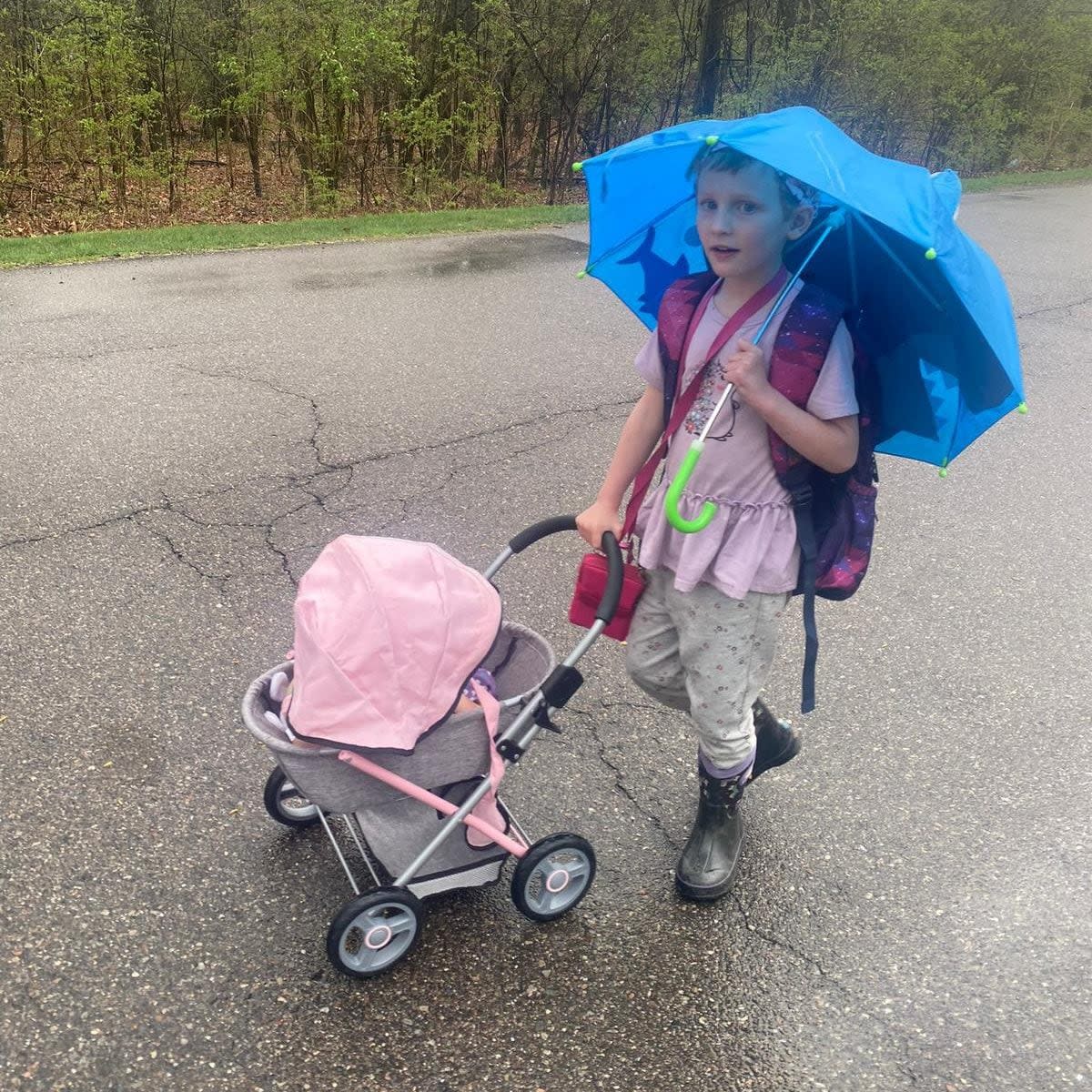 Dr Pesch's daughter has a strong connection to a baby stroller and likes to take it everywhere