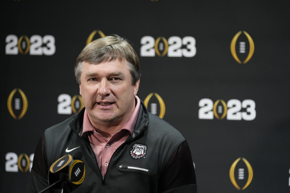 Georgia head coach Kirby Smart speaks during a media day ahead of the national championship NCAA College Football Playoff game between Georgia and TCU, Saturday, Jan. 7, 2023, in Los Angeles. The championship football game will be played Monday. (AP Photo/Marcio Jose Sanchez)