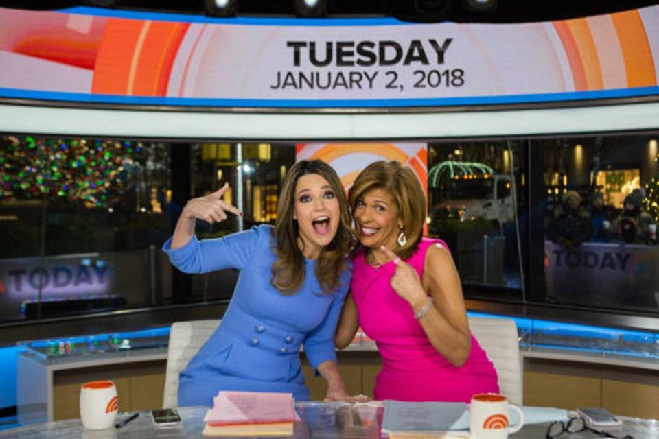 <p>Savannah Guthrie warmly welcomes new female co-host, Hoda Kotb, to <em>TODAY </em>in January 2018.</p>