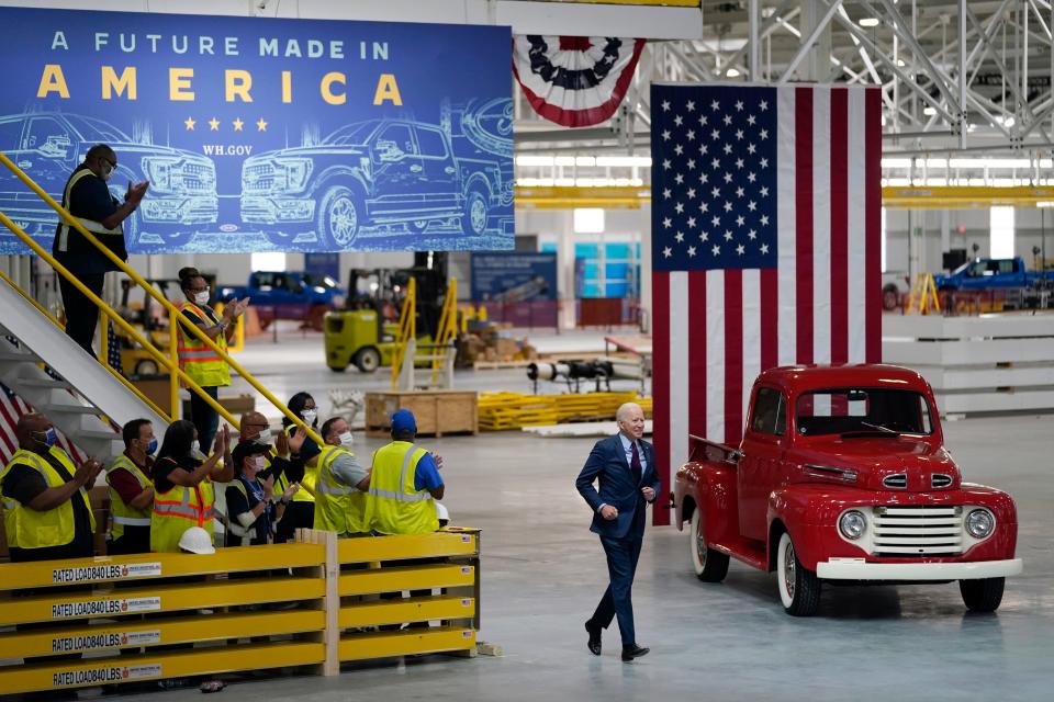 President Joe Biden arrives to speak after a tour of the Ford Rouge EV Center on Tuesday in Dearborn, Mich.