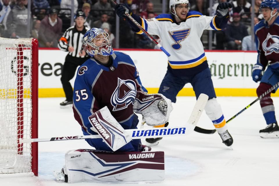 Colorado Avalanche goaltender Darcy Kuemper (35) reacts after giving up a goal to St. Louis Blues left wing David Perron, not seen, during the second period in Game 2 of an NHL hockey Stanley Cup second-round playoff series Thursday, May 19, 2022, in Denver. (AP Photo/Jack Dempsey)