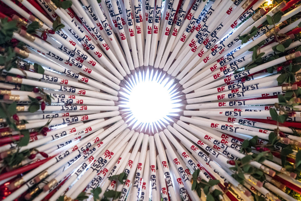 Pencils with the First Lady’s Be Best initiative logo make up a wreath during the White House Christmas preview in the Red Room of the White House on Monday, Nov. 26, 2018 in Washington, DC. (Photo: Jabin Botsford/The Washington Post via Getty Images)