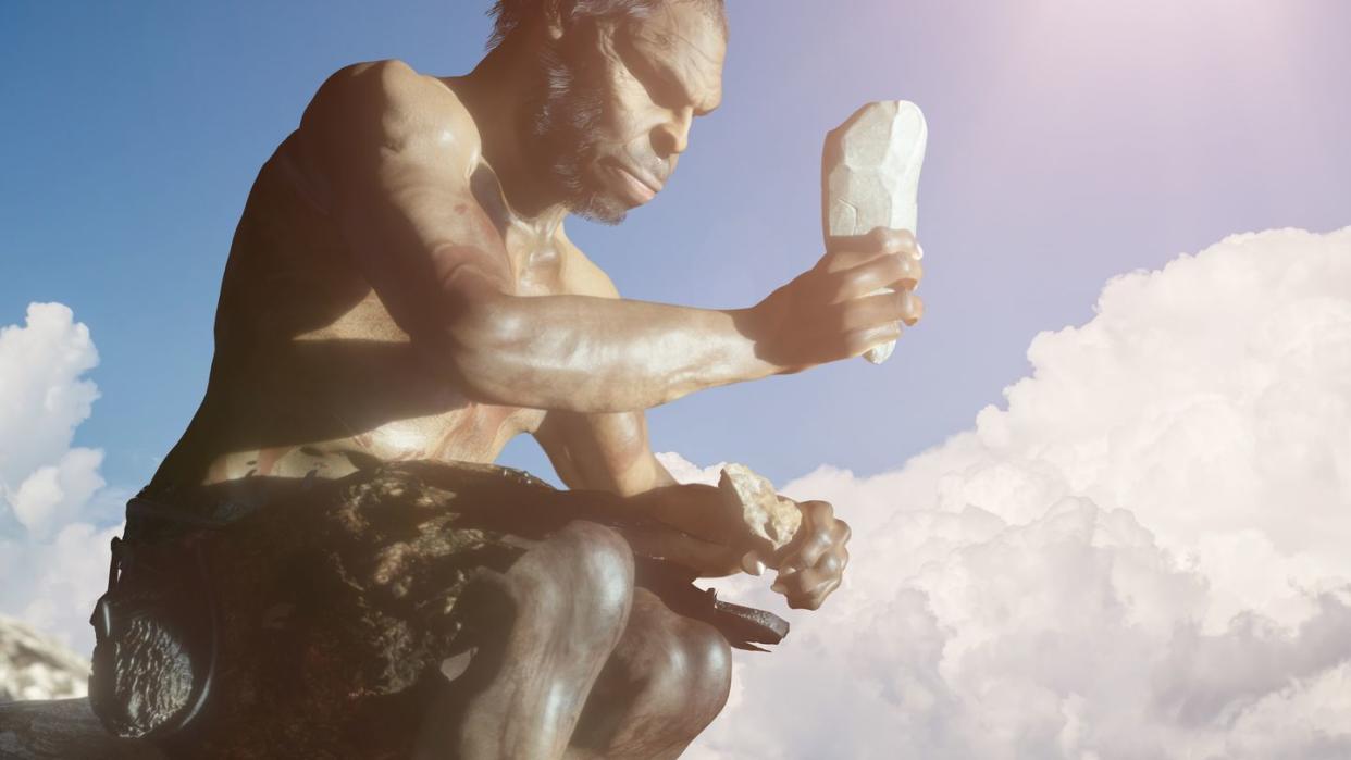 ancient primitive caveman with stone render 3d