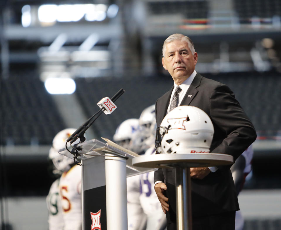 Big 12 Conference commissioner Bob Bowlsby takes the stage on the first day of Big 12 Conference NCAA college football media days Monday, July 15, 2019, at AT&T Stadium in Arlington, Texas. (AP Photo/David Kent)