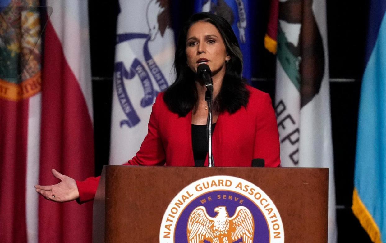 PHOTO: Former Democratic Rep. Tulsi Gabbard speaks at the National Guard Association of the United States' 146th General Conference, Aug. 26, 2024, in Detroit. (Paul Sancya/AP)