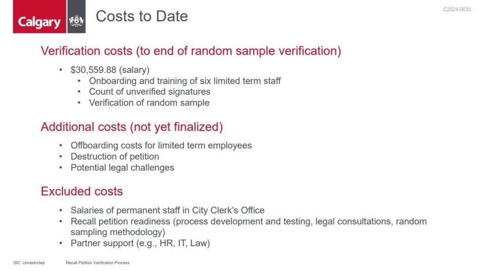 A screenshot of the presentation that was shown to city council during Monday's special meeting, breaking down the costs of processing and verifying the petition so far.