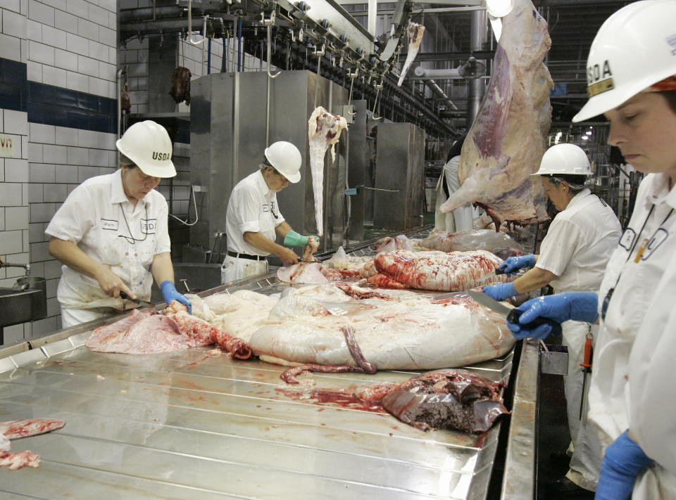 USDA inspectors work at the Cargill meat packing plant in Schuyler, Neb., Tuesday, July 8, 2008.(AP Photo/Nati Harnik)