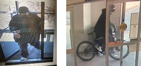 These surveillance photos from Monday, Feb. 5, 2024, show a man Colonial Heights Police think tried to rob a Touchstone Bank branch on the Boulevard. On Friday, April 12, 2024, Petersburg Police charged this same man with two robberies in Petersburg earlier that day.