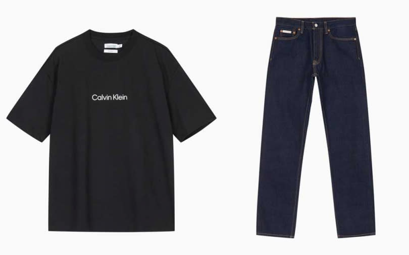 Calvin Klein Standard標誌短袖T恤(黑)／2,280元、Calvin Klein Standard直筒牛仔褲／6,980元。（圖／品牌提供）