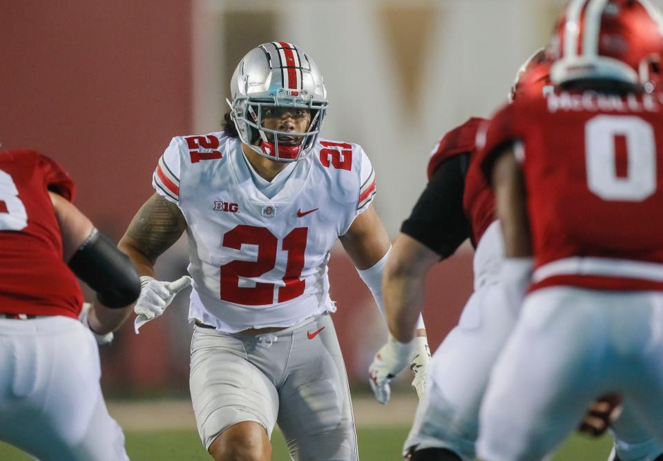 Ohio State linebacker Palaie Gaoteote lines up before a play during the Buckeyes' 2021 win over Indiana.