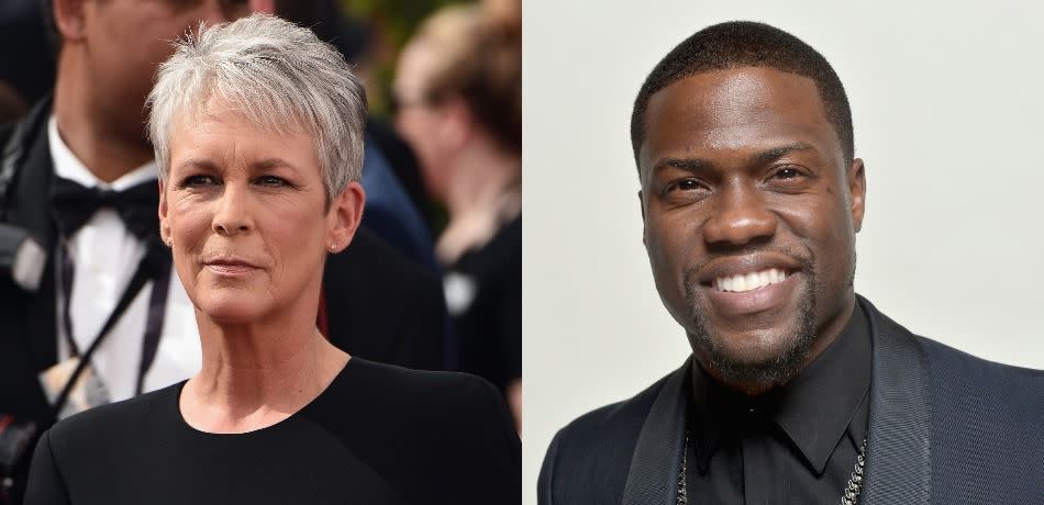 Actress Jamie Lee Curtis attends the 67th Annual Primetime Emmy Awards at Microsoft Theater on September 20, 2015 in Los Angeles, California./Actor/producer Kevin Hart, winner of the Entertainer of the Year Award poses for a portrait during the 45th NAACP Image Awards presented by TV One at Pasadena Civic Auditorium on February 22, 2014 in Pasadena, California.