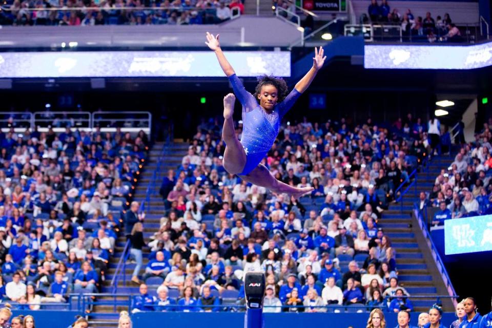 Arianna Patterson competes on the beam during Kentucky’s Excite Night meet against Georgia.