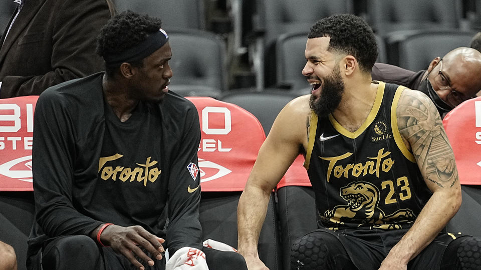 Raptors guard Fred VanVleet (23) shares a laugh with teammate Pascal Siakam during a break in play. (John E. Sokolowski-USA TODAY Sports)