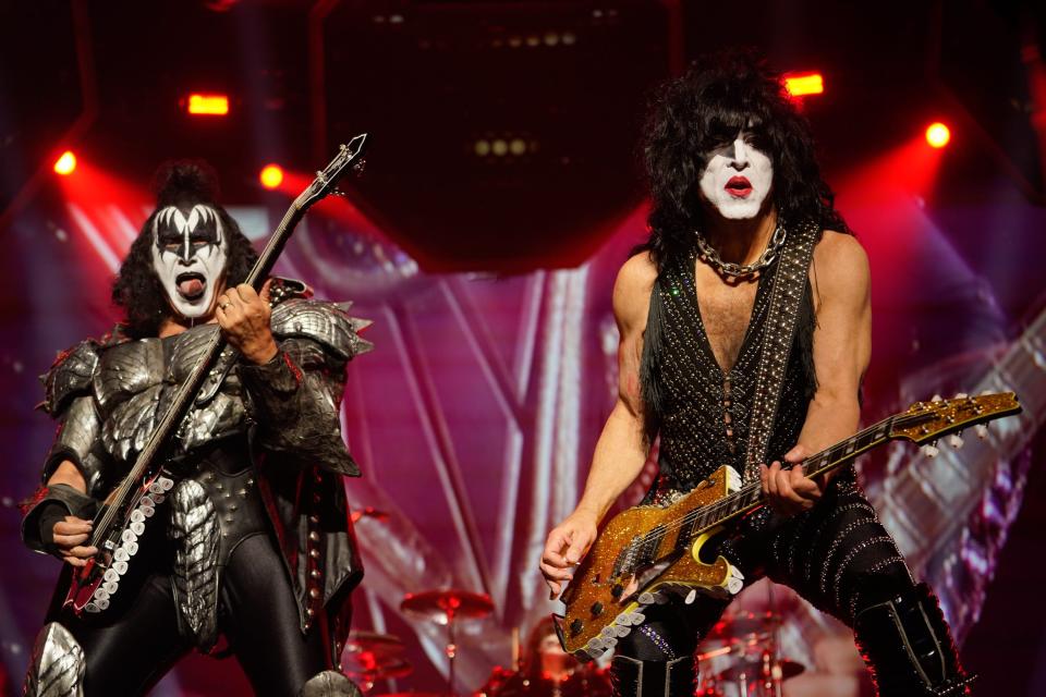 The band 'KISS,' including Gene Simmons, left, Paul Stanley, right, bring 'The End of the Road World Tour' to Gainbridge Fieldhouse on Saturday, Nov. 25, 2023, in Indianapolis.