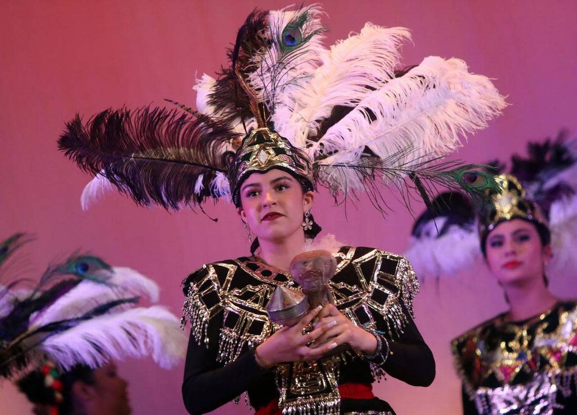 Desirae Trejo performs ‘Águila Blanca’ from México City at the Central East Danzantes de Tláloc 25th anniversary show at the Performing Arts Center on May 26, 2023.