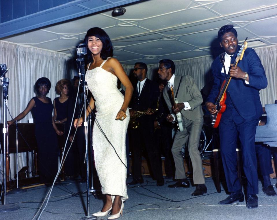 PHOTO: Husband-and-wife R&B duo Ike & Tina Turner perform onstage with a Fender Stratocaster electric guitar in 1964 in Dallas, Texas, 1964.  (Michael Ochs Archives/Getty Images)