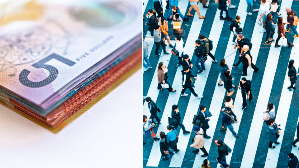 Stack of Australian currency, pedestrians on pedestrian crossing - aerial view. 