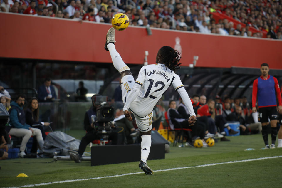 Real Madrid's Eduardo Camavinga controls the ball during a Spanish La Liga soccer match between Mallorca and Real Madrid at the Son Moix stadium in Palma de Mallorca, Spain, Saturday, April 13, 2024. (AP Photo/Francisco Ubilla)