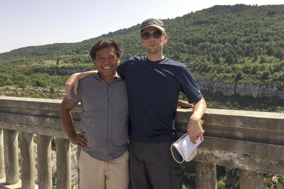 Associated Press writer Bobby Calvan, left, poses for a photo with his friend Kevin German before a bungee jumping activity in July 2015 at the Gorges du Verdon near Nice, France. (Courtesy of Bobby Calvan via AP)