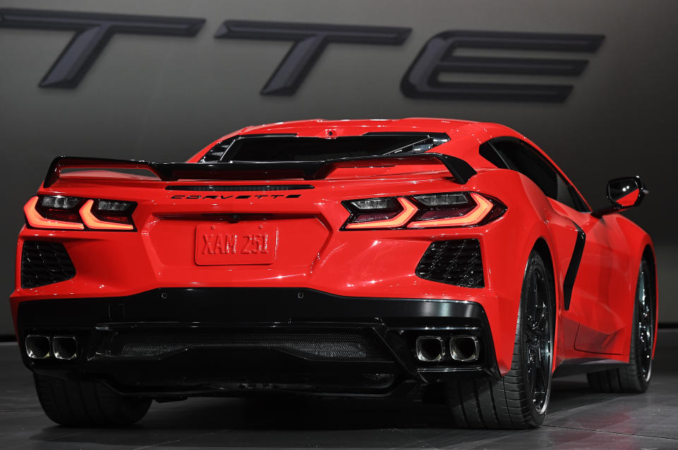 TUSTIN, CA - JULY 18: The 2020 mid-engine C8 Corvette Stingray by General Motors is unveiled during a news conference on July 18, 2019 in Tustin, California. (Photo by Kevork Djansezian/Getty Images)