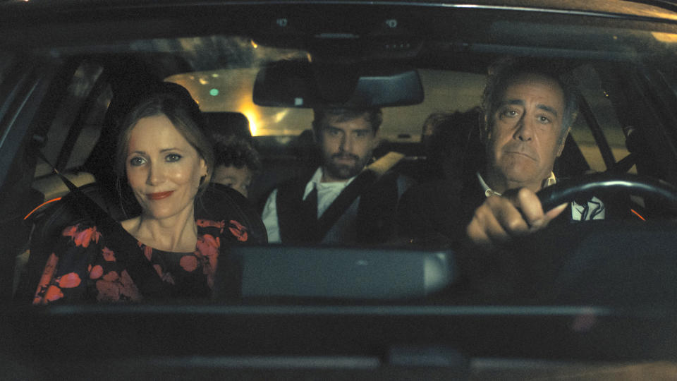 This image released by Apple TV+ shows Leslie Mann, from left, Cooper Raiff and Brad Garrett in “Cha Cha Real Smooth,” premiering June 17, 2022. (Apple TV+ via AP)