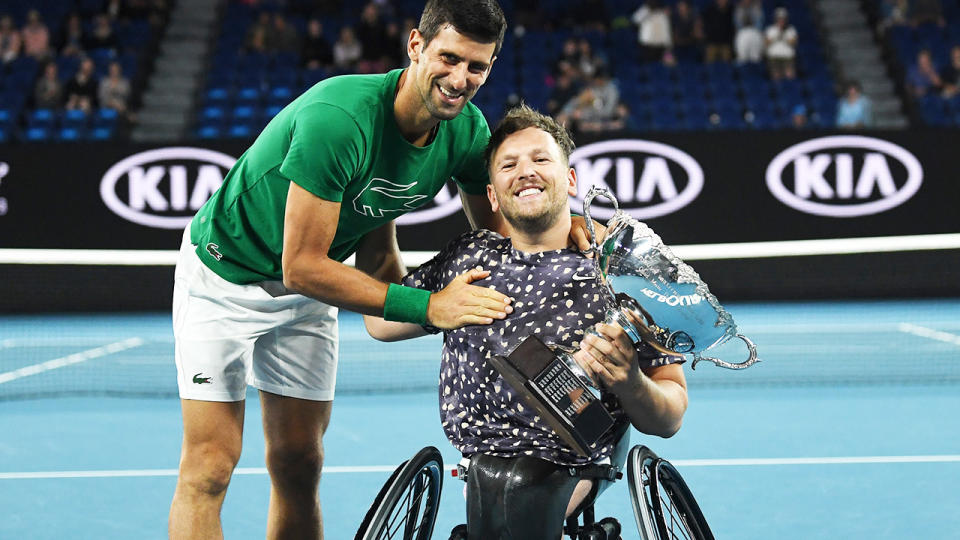 Dylan Alcott, pictured here with Novak Djokovic at the Australian Open in January.