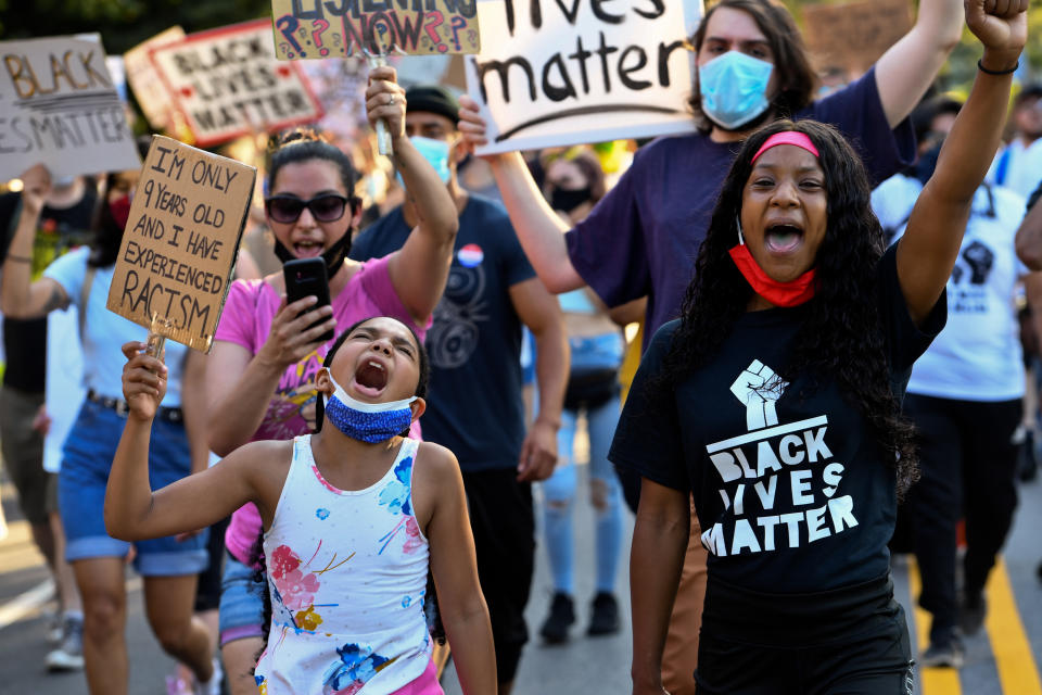 Cristiana Gant, 9, shouts at a June 2020 protest in Garden City, N.Y., against police brutality in the wake of the death of George Floyd.