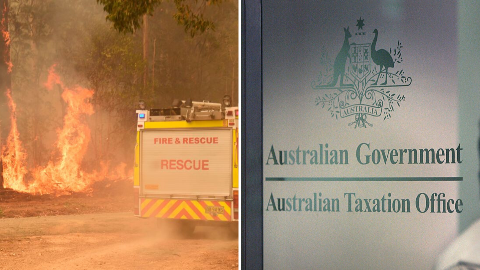 Pictured: NSW and Queensland bushfires tackled by Fire & Rescue NSW, Australian Taxation Office logo. Images: Getty