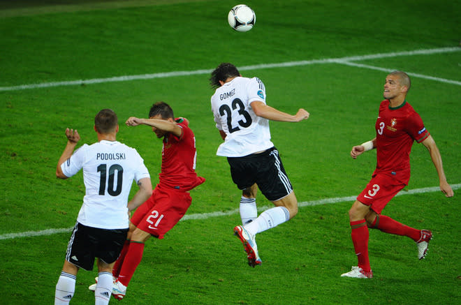 L'VIV, UKRAINE - JUNE 09: Mario Gomez of Germany scores their first goal during the UEFA EURO 2012 group B match between Germany and Portugal at Arena Lviv on June 9, 2012 in L'viv, Ukraine. (Photo by Laurence Griffiths/Getty Images)