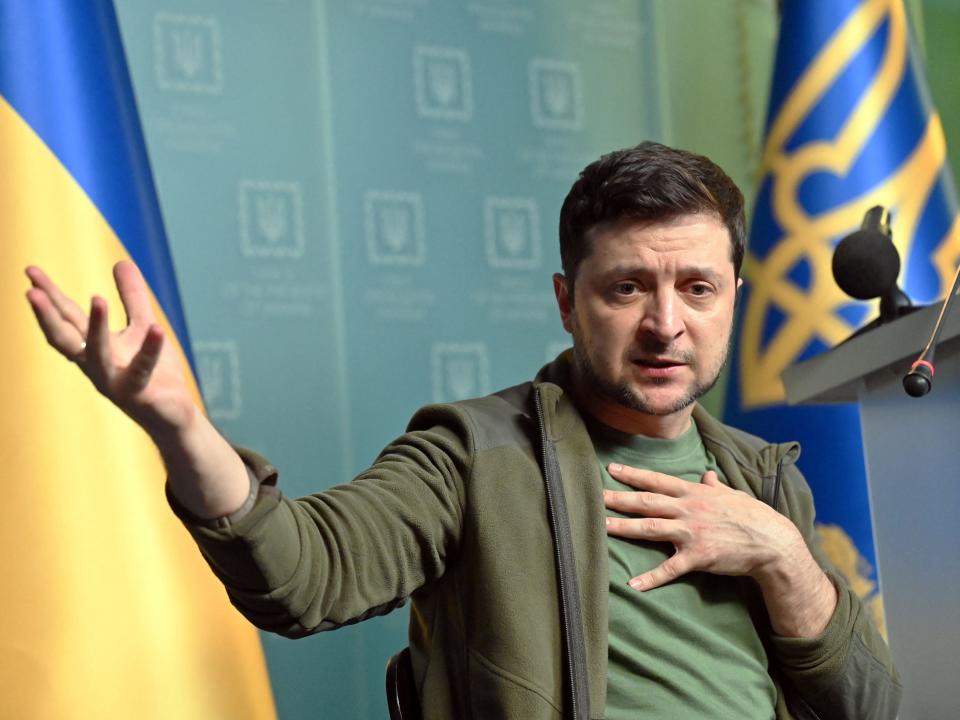 Ukrainian President Volodymyr Zelensky gestures as he speaks during a press conference in Kyiv on March 3, 2022.