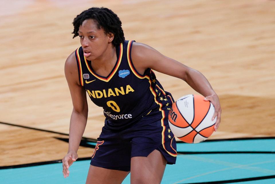 Kelsey Mitchell of the Indiana Fever during a game against the New York Liberty in 2021. Mitchell loves Gold Star when eating Cincinnati-style chili.
