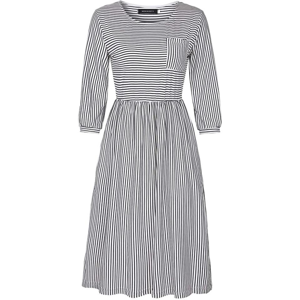 MEROKEETY Women's 3/4 Balloon Sleeve Striped High Waist T Shirt Midi Dress with Pockets