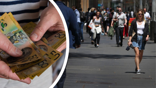 People walking int eh Sydney CBD and a person holding $50 notes to represent that workers could be in for a wage increase.