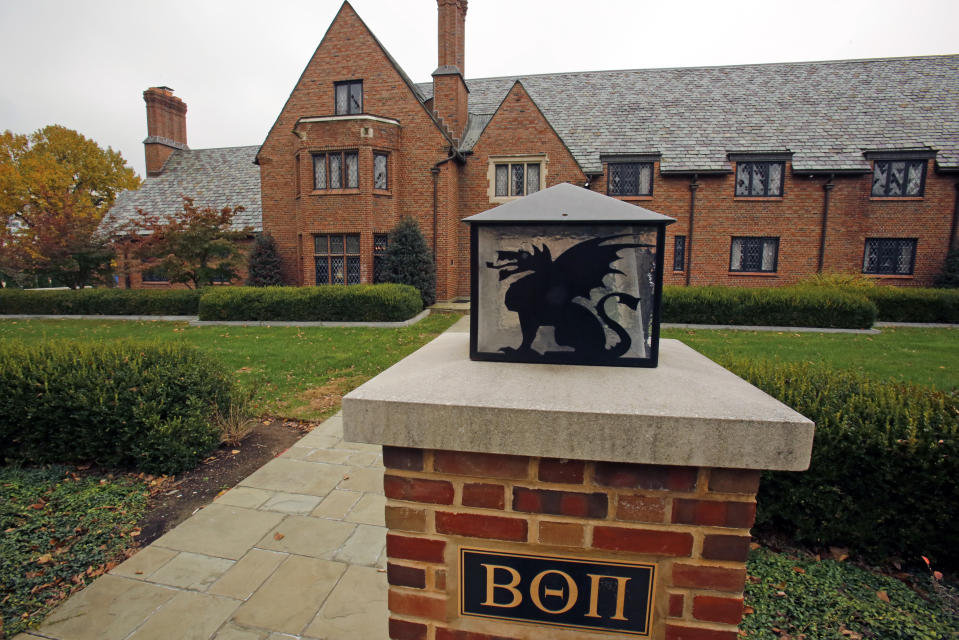FILE - This Nov. 9, 2017, file photo shows the shuttered Beta Theta Pi fraternity house on Penn State University's main campus in State College, Pa. Former members of the fraternity are due in court for a preliminary hearing on charges related to the February 2017 death of a pledge after a night of hazing and drinking. The hearing Tuesday, Aug. 21, 2018, before a district judge will determine if there’s enough evidence to send charges against several of the defendants in the case to county court for trial. The charges relate to the death of 19-year-old Tim Piazza, of Lebanon, New Jersey. (AP Photo/Gene J. Puskar, File)