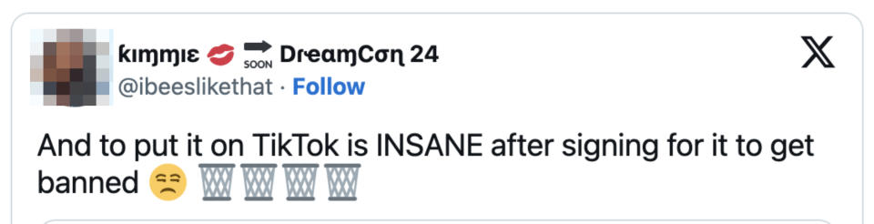 Tweet expressing irony about TikTok being insane to get banned after signing up for it