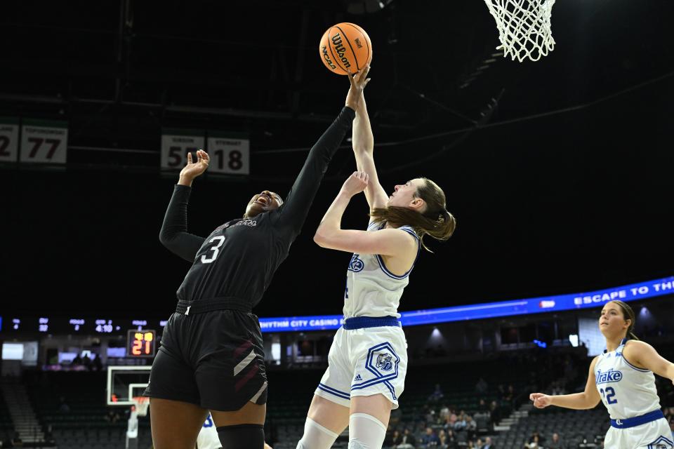 Drake's Anna Miller goes for the ball during Sunday's MVC Tournament title game against Missouri State at Vibrant Arena in Moline, Illinois.