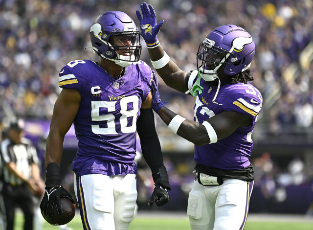 Minnesota Vikings linebacker Jordan Hicks looks on during the game