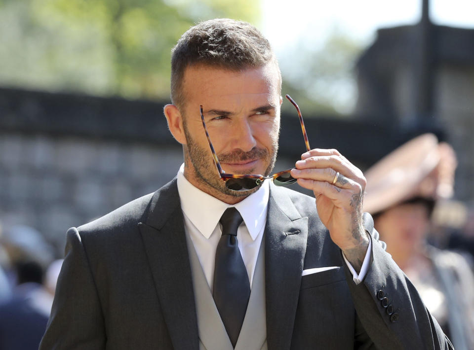David Beckham arrives at St. George’s Chapel at Windsor Castle for the wedding of Meghan Markle and Prince Harry. (Associated Press)