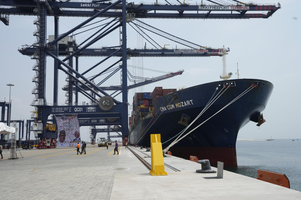 A Shipping container is seen at the Lekki deep seaport before it was commission by Nigeria's President, Muhammadu Buhari, in Lagos, Nigeria, Monday, Jan. 23, 2023. Nigeria's President Muhammadu Buhari on Monday commissioned a Chinese-built and -funded $1.5 billion deep seaport in the commercial hub of Lagos with authorities optimistic the project would help grow the West African nation's ailing economy. (AP Photo/Sunday Alamba)