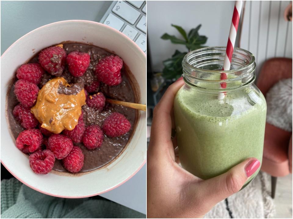 Chocolate chia pudding and a green smoothie.